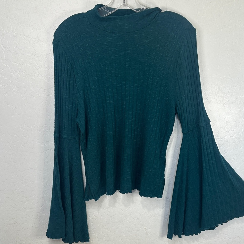 Shyanne Teal Ribbed knit Bell Sleeve Long-Sleeve Top XL teal western country